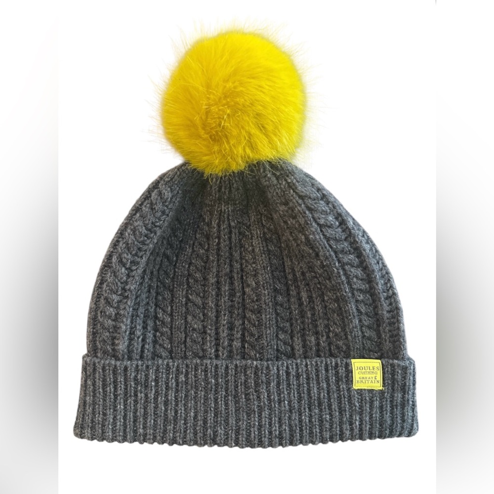Joules Clothing Great Britain Women's Knit Hat Gray With Pom Pom Lambswool